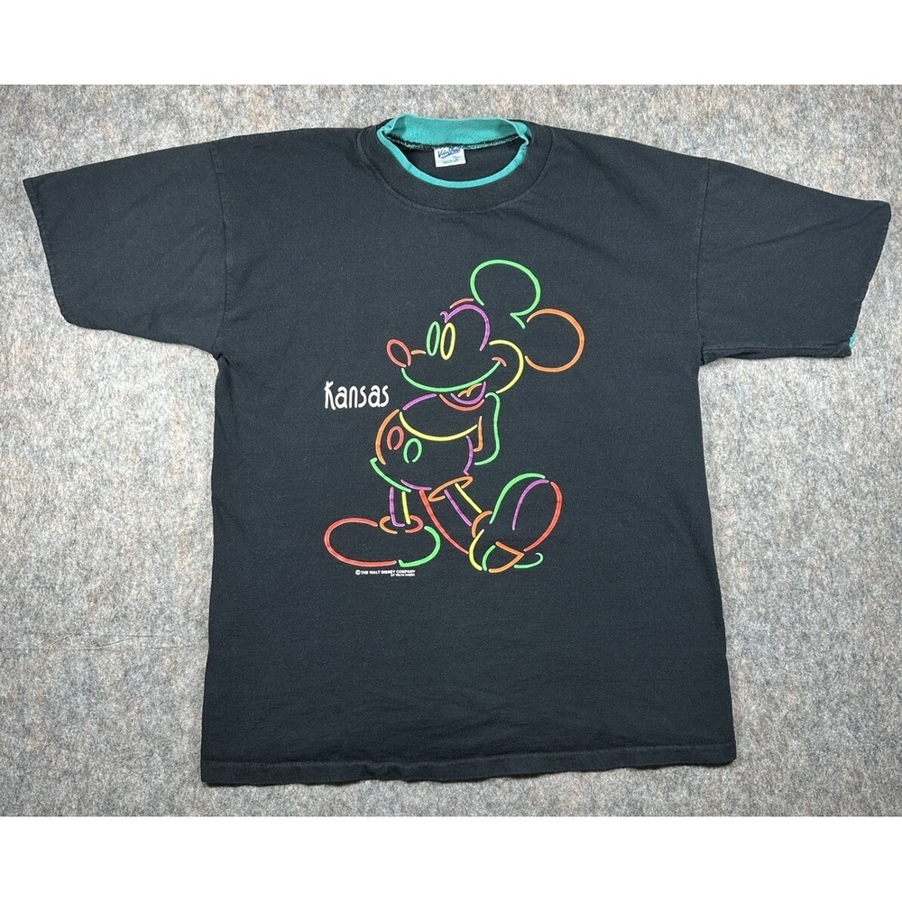 Vintage 90's Mickey Mouse Disney T-Shirt Kansas Velva Sheen Large Neon Black USA